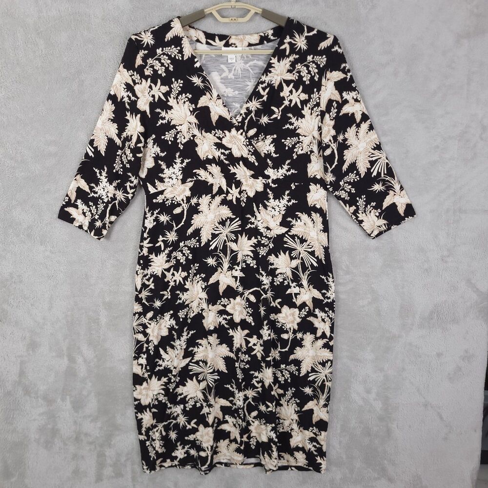 J Jill Midi Dress Womens Size M Floral Faux Wrap 3/4 Sleeves V-Neck Stretchy